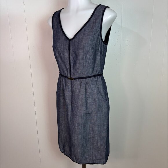 Ann Taylor Sheath Dress 0 Navy Blue Chambray Sleeveless V-Neck Pockets Women's - Picture 3 of 11